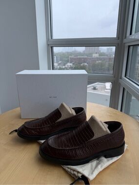 BY FAR Dark Brown Croc-Embossed Slip-On Loafers